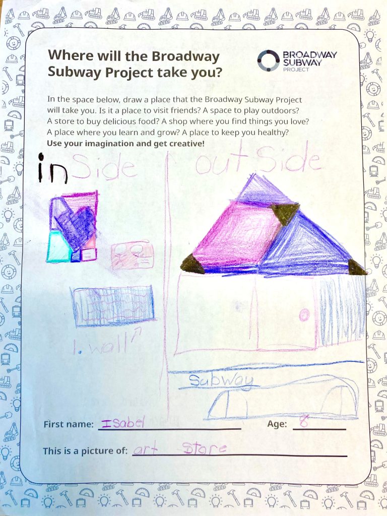 Children's drawing of a house and subway